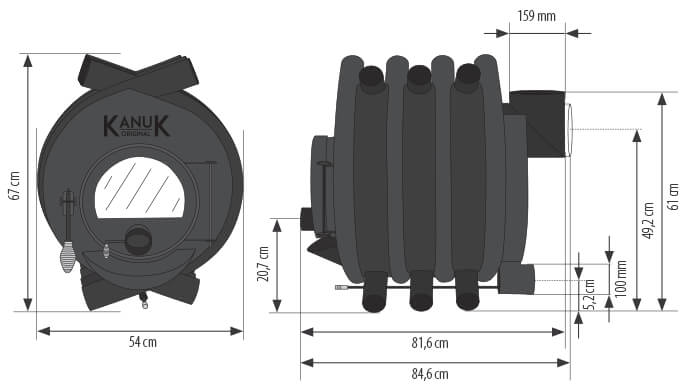Maßzeichnung Kanuk Original 10 kW mit allen relevanten Informationen